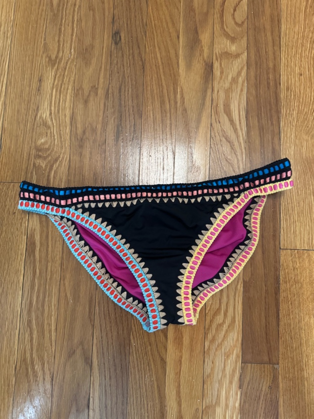 Bar III Black Bikini Bottom with Pink Lining and Multicolor Crochet